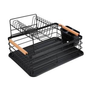 Πιατοθήκη Μεταλλική Διώροφη Μαύρη με Λαβές Bamboo