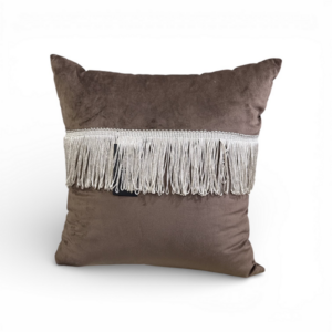 Βελούδινο Διακοσμητικό Μαξιλάρι Με Κρόσια Καφέ-Μπεζ